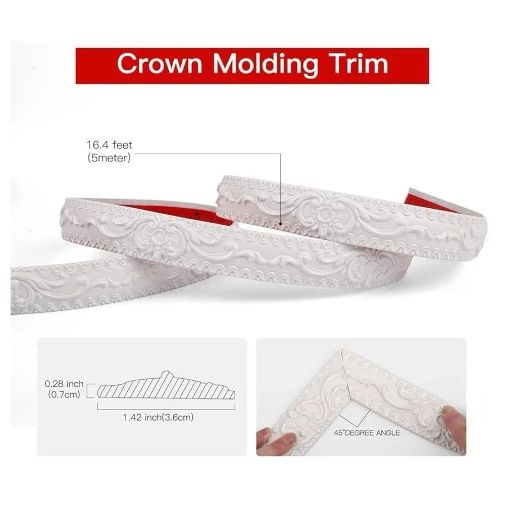 Sujiamei Peel & Stick Flexible Molding 16.4' White 1.42W New Trim Border Decor